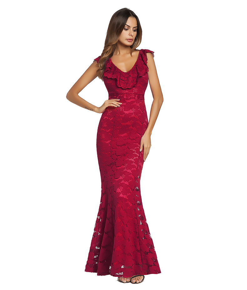 SZ60143-1 Deep V-Neck Flounce Lace Plain Mermaid Evening Dress